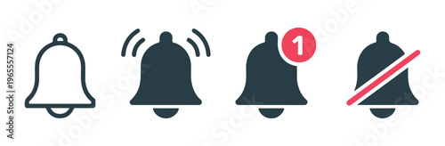 Modern notification bell icon set with alert badge and mute line for mobile application user interface design.