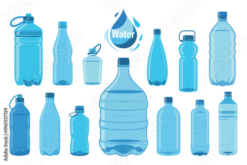 Plastic water bottle icon set isolated on white background, featuring healthy agua bottles, vector illustration for beverage, hydration, and product design