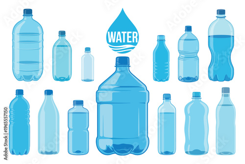Plastic water bottle icon set isolated on white background, featuring healthy agua bottles, vector illustration for beverage, hydration, and product design