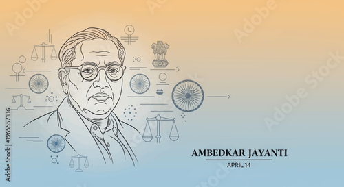 Line art illustration of B. R. Ambedkar for Ambedkar Jayanti, featuring scales of justice and Indian national symbols on a gradient background.