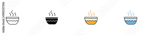 Hot soup bowl icon set with steam. Liquid food, broth, or tea cup symbol in flat and outline style. Vector Illustration.