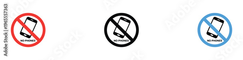 No phones prohibited sign set with smartphone silhouette. Warning circle symbol for mobile phone restricted areas. Vector Illustration.