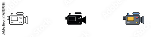 Professional digital video camera icon set for movie production and filmmaking. Cinema recording equipment symbol. Vector Illustration.