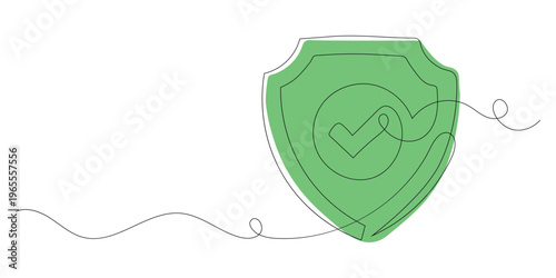 One line drawing of security shield with check mark. Protection and safety guarantee concept. Vector Illustration.