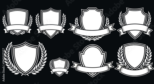Vector Set of Blank Heraldic Shield Crests with Ribbons and Laurel Wreaths; Monochrome Emblem Templates for Logos, Labels, and Security Badges