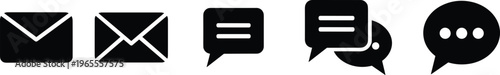 Message icons, email envelope silhouette, chat bubble symbols, communication graphics, mail notification signs, digital contact vector illustrations, talk shapes.