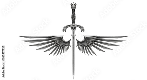 Majestic Silver Royal Sword with Mechanical Wings and Crown Pommel - Fantasy Medieval Heraldry Emblem Isolated on White