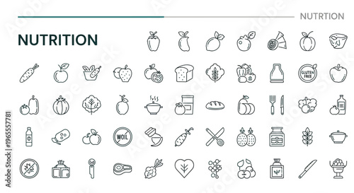 A collection of line art icons representing various nutritional foods and elements