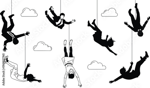 People hanging from strings in the sky illustration, abstract silhouettes of flying or suspended characters with clouds vector set
