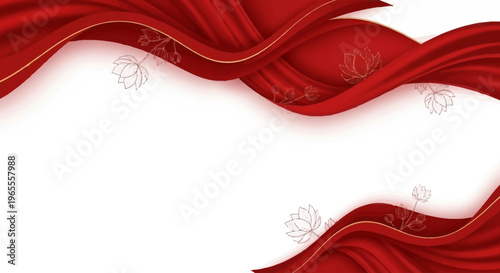 Elegant red silk fabric with golden trim and subtle lotus flower patterns on a white background.