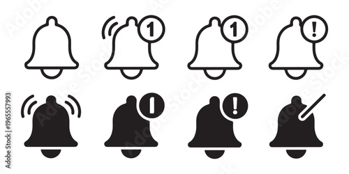 Outline and solid bell notification icons including alert symbols and unread message counters for app systems.
