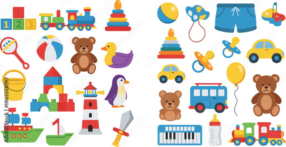 Fototapeta premium Kids Toys Collection with Teddy Bear, Toy Train, Blocks, Ball, Car and Educational Toys Colorful Vector Illustration Set for Children Design