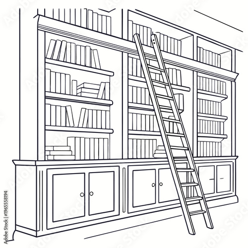 Vintage library bookshelf with rolling ladder line art illustration