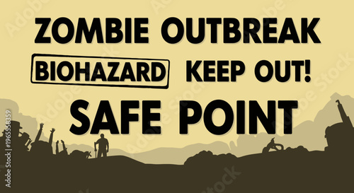 Post-Apocalyptic Zombie Outbreak Warning Banner with Biohazard Sign and Survivor Silhouettes