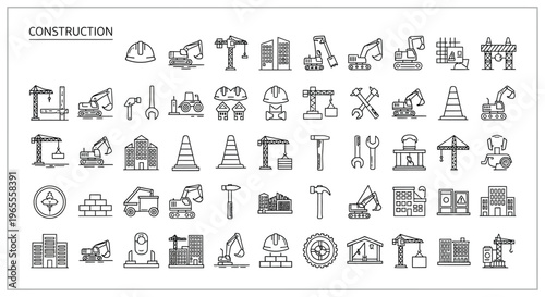 Construction equipment and tools a detailed line art illustration set