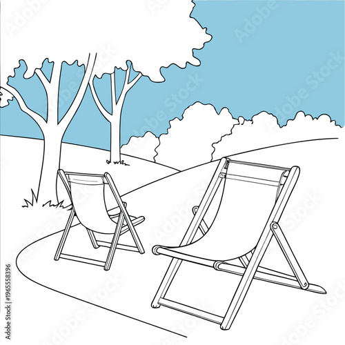 Lawn chairs in a park, summer leisure illustration, lawn chair, deck chair