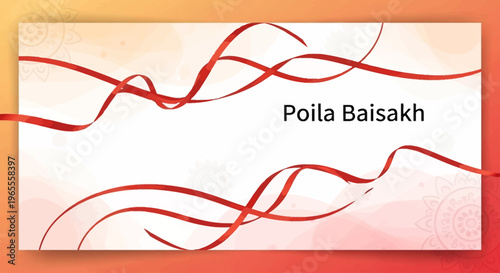 Elegant Poila Baisakh greeting card with red ribbons and subtle patterns.
