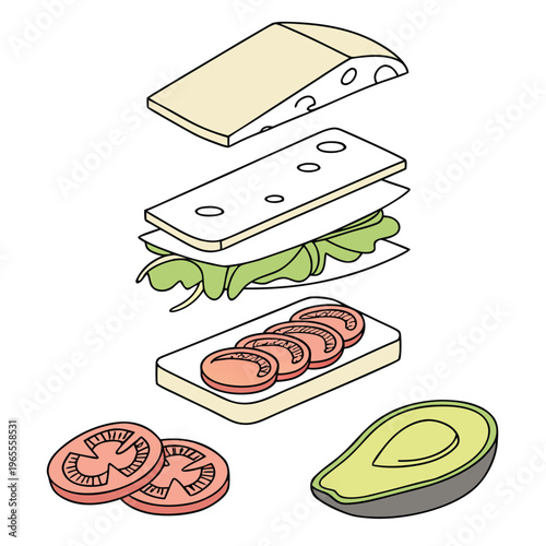 Deconstructed sandwich ingredients, healthy eating illustration, meal prep