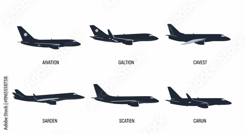Modern Airplane Silhouette Set - Collection of 6 Commercial Aircraft Icons for Aviation Branding, Logistics, and Travel Design