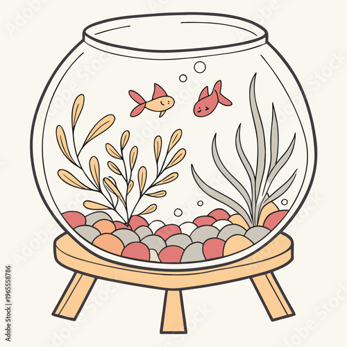 Cute goldfish fishbowl with plants and pebbles on wooden stand illustration