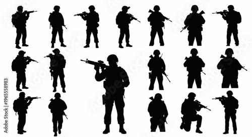 Collection of soldier silhouettes in various tactical poses and military gear isolated on white background. Professional army infantry set with rifles and tactical equipment.