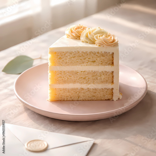 Hyper-realistic close-up of a naked vanilla cake slice on a matte pink plate. Linen tablecloth, eucalyptus leaf, soft natural light, and a blurred white envelope with a wax seal in foreground. 2:3.
