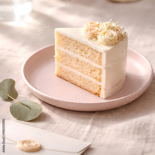 Hyper-realistic close-up of a naked vanilla cake slice on a matte pink plate. Linen tablecloth, eucalyptus leaf, soft natural light, and a blurred white envelope with a wax seal in foreground. 2:3.