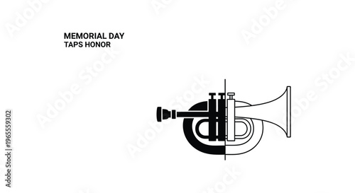 Memorial Day, Taps Honor, Trumpet Vector, Black and White Illustration, Military Symbol