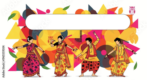 A vibrant illustration depicting four individuals in traditional Indian attire performing a folk dance against a colorful abstract background.