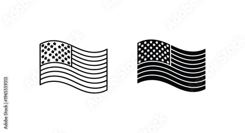 American flag icons, USA flag symbols, black and white vector illustrations, patriotic graphics
