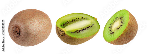 Fotografia Whole kiwi, as well as longitudinally and crosswise cut halves of kiwi isolated