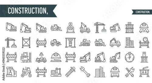 Construction equipment and infrastructure icons in a linear style
