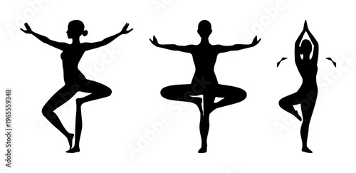 Yoga tree pose set with solid black icon and white background featuring yoga, tree pose, silhouette with black and white and icon