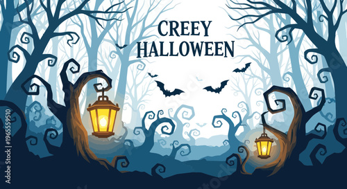Creepy Halloween Forest with Bats and Lanterns - Spooky Night Scene