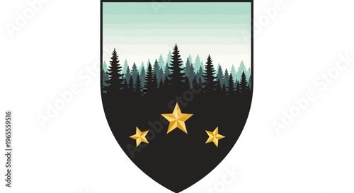 Minimalist Crest Featuring Pine Forest Silhouette and Golden Stars on Black Shield Background