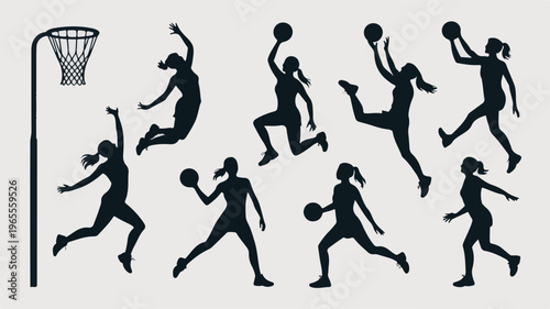 Basketball players in action jump and play around a hoop