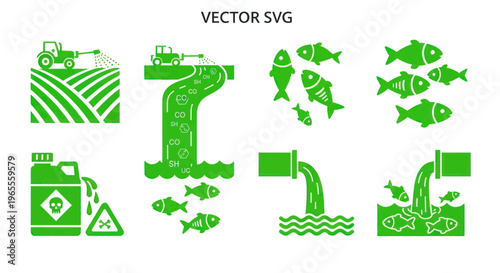 Environmental Pollution Icons: Agriculture, Industrial Waste, and Dead Fish