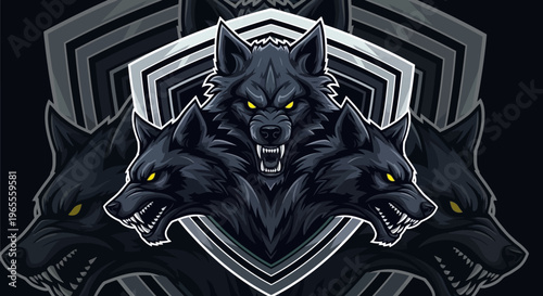 Fierce Wolf Pack Mascot Logo with Three Aggressive Wolves and Shield Emblem for Esports and Gaming Teams