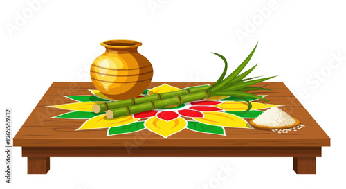 Pongal festival celebration setup with sugarcane, pot, and rice on colorful kolam.