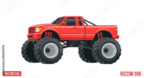 Red monster truck with large wheels, vector illustration