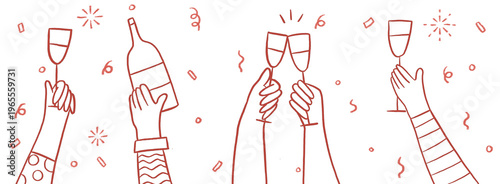 Εκτύπωση καμβά Hand drawn hand holding wine glass and vino bottle champagne with party confetti