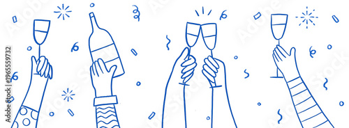Εκτύπωση καμβά Hand drawn hand holding wine glass and vino bottle champagne with party confetti