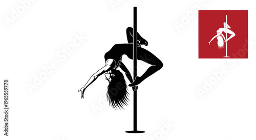 Silhouette of a woman performing a pole dance move, isolated on white background.
