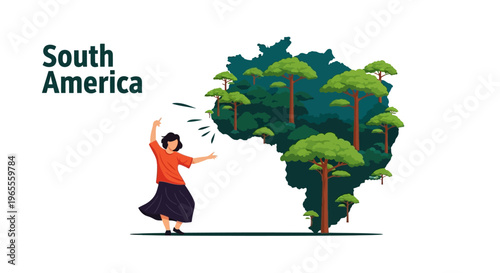 South America Vector Illustration with Dancing Woman and Lush Rainforest Map Silhouette
