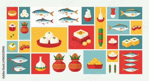 A vibrant collage of Indian food items, including fish, sweets, and traditional culinary elements, arranged in a grid.