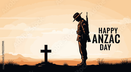 Anzac Day Remembrance Illustration with Silhouette of Soldier Bowing Head at a War Grave