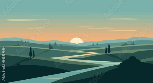 Minimalist Landscape Illustration of Rolling Hills and Winding River at Sunset