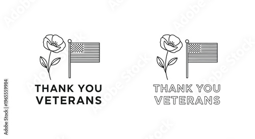 Veterans Day icons, thank you veterans graphics, patriotic symbols, flag and rose illustrations