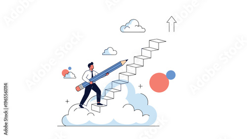 Ambitious businessman drawing a staircase with a giant pencil to climb up into the sky for career growth and personal success.