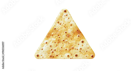 Single Triangle Tortilla Chip with Bubbly Texture on White Background